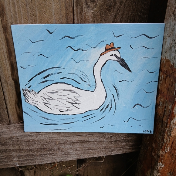 Hand Crafted Other - Swan with Hat Canvas Art Original Art